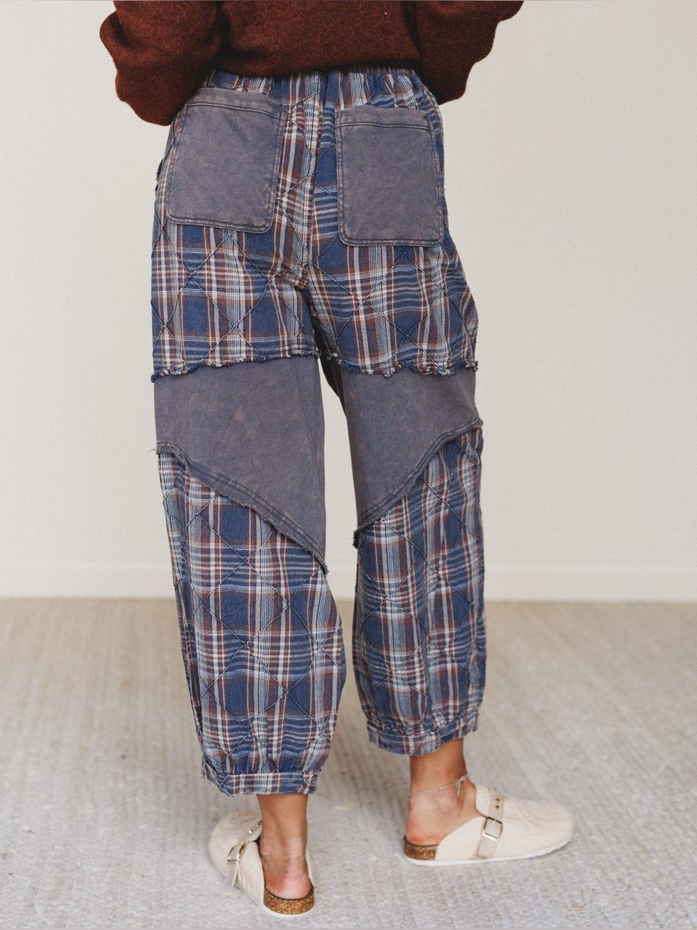 New Oli & Hali Navy Washed Plaid Cabin Kind Terry Patchwork Pants | Large - Picture 3 of 16
